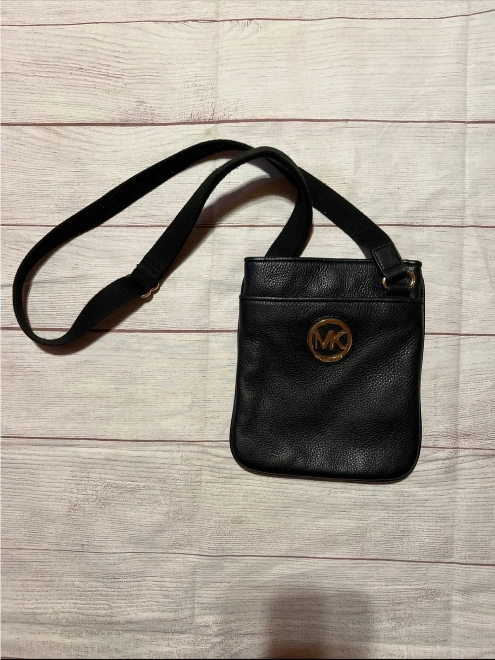 Michael Kors Black Pebbled Leather Messenger Crossbody with Gold Logo